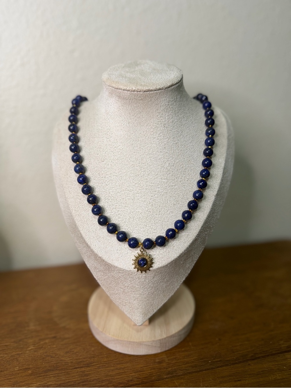 Genuine Lapis Lazuli Stone Beaded Necklace with Gold Sunburst Pendant